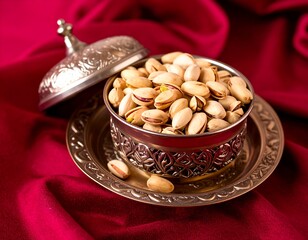 Pistachios in ornate metal bowl on burgundy fabric