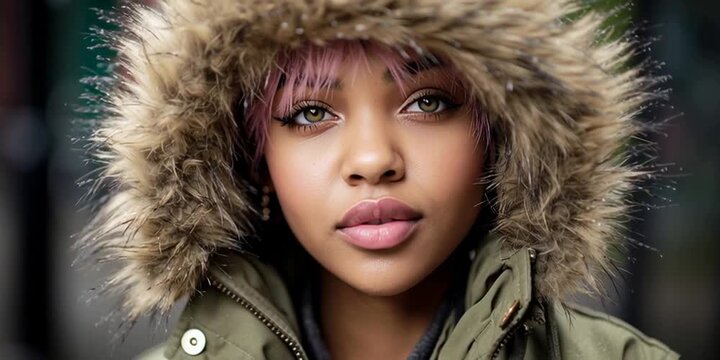 Gen Z model wearing fashionable parka with fur-lined hood
