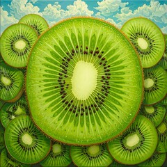 Close-up view of many sliced kiwi fruits, vibrant green, detailed seeds, bright blue sky background