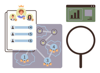 Leaderboard with rankings, performance map with locked areas, magnifying glass, analytics window. Ideal for teamwork, gamification, analysis, performance strategy evaluation motivation. Simple