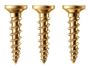 Three golden screws in a row.  Detailed 3D illustration of screws with a gold metallic finish.  Sharp threads and a rounded head are visible.  High-resolution image