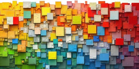 Abstract arrangement of varied-size colorful squares against a white background