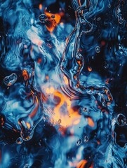 Abstract Blue water swirls around bright orange flames in a dynamic close-up