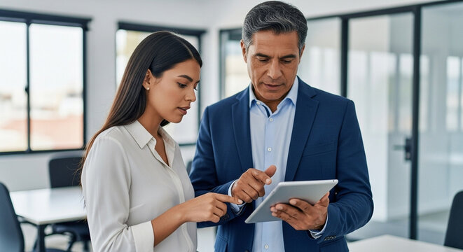 Portrait young indian or middle eastern businesswoman looking at camera. Smiling professional employee using pc at workplace. Latin hispanic business woman working on laptop computer in modern office