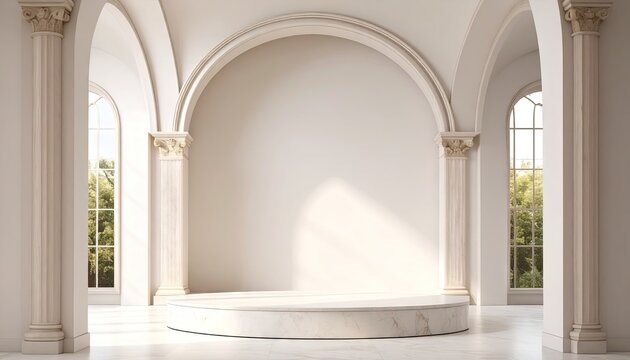 Elegant White Marble Display Platform in a Classic Archway Interior