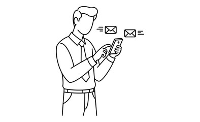 モバイル端末（スマホ）でメッセージ確認中の男性アイコンイラスト