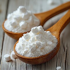 Wooden spoons hold white powdery substance on a rustic wood surface