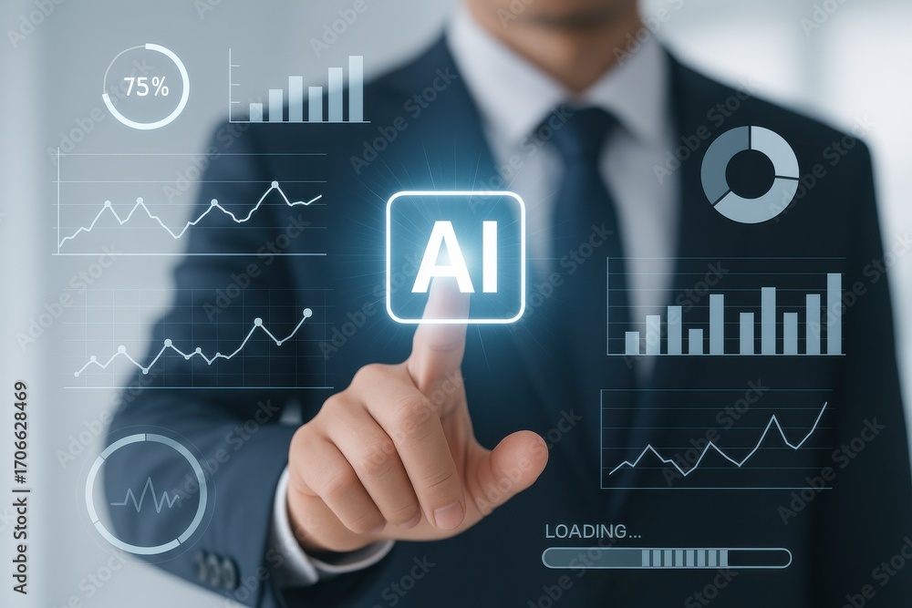 Poster businessman interacting with ai technology in a modern office environment with data visualizations