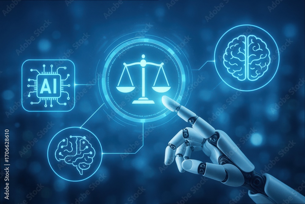Poster futuristic robot hand interacting with justice scales and ai technology in digital environment