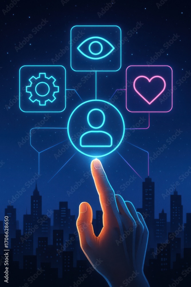 Poster futuristic digital interface with hand interacting and icons representing technology and emotions