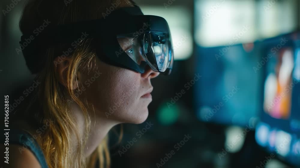 Aufkleber focused view of an individual exploring virtual product features through headset technology with a s