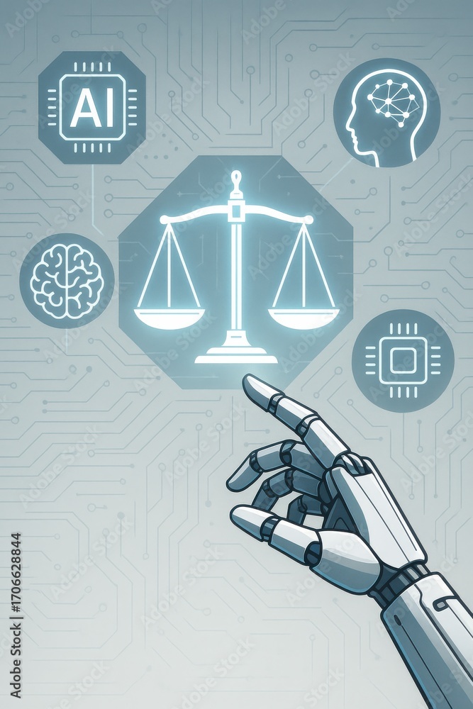 Poster robotic hand illustrating concepts of artificial intelligence and justice in digital background