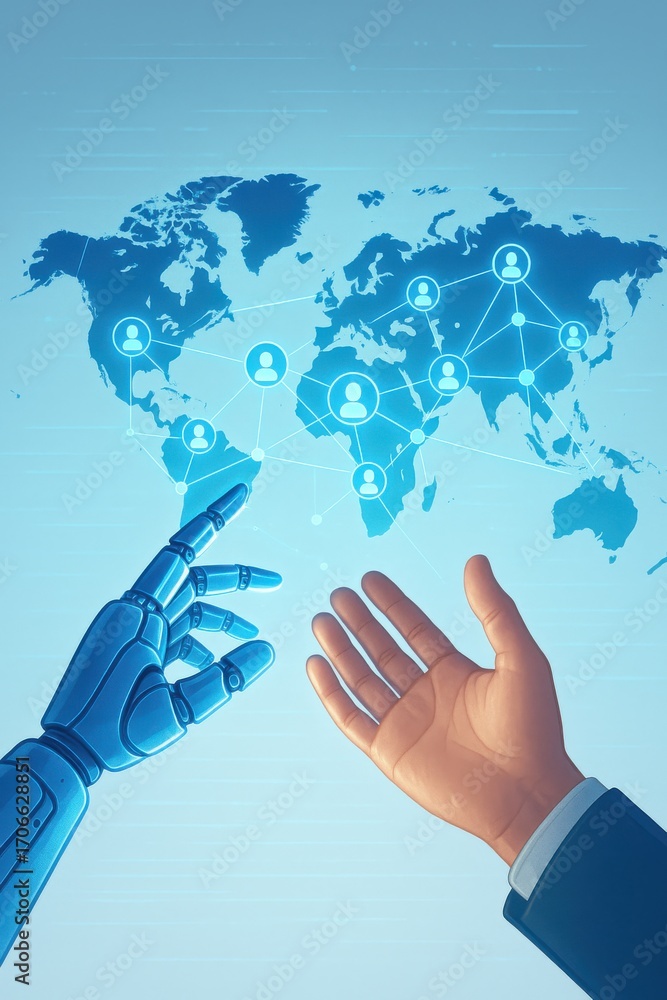 Poster interaction between human hand and robotic hand over digital world map visualizing connection