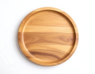 Round, light brown wooden plate on white background