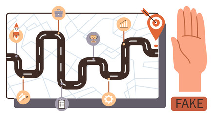 Curved pathway with icons for goals, tasks, and rewards on map. Warning hand and Fake label signify caution in navigation. Ideal for planning, strategy, awareness, education, ethics accuracy simple