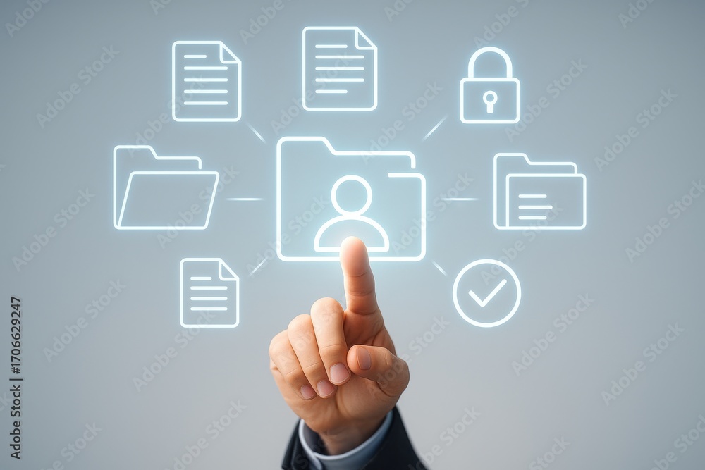 Poster digital data management concept with documents, folders, security lock, and user interface