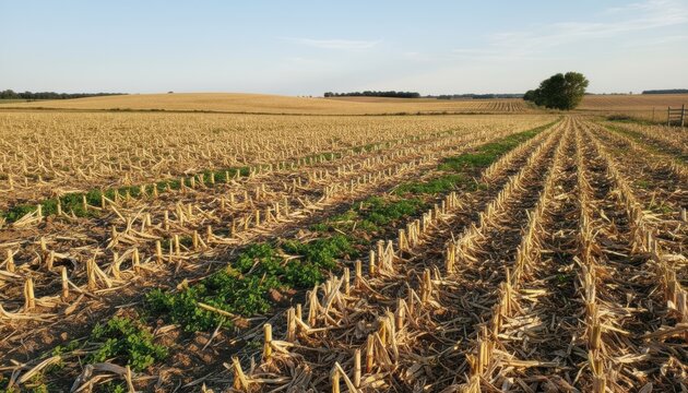 Medium shot showcasing a notill farming approach with crop residues left on the surface emphasizing soil conservation and minimal disturbance techniques.