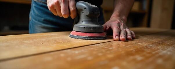 A skilled craftsperson meticulously sands a piece of hardwood flooring, preparing it for a rich, final finish The focus is on the tools and the wood's natural beauty , wood, craftsman