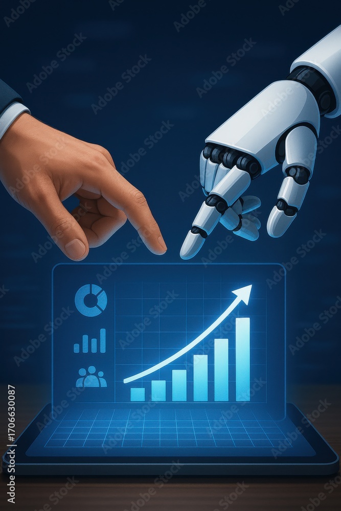 Poster human and robotic interaction with data visualization on a futuristic digital screen