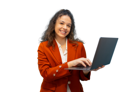 Happy businesswoman using laptop, enjoying online work, isolated on transparent background, ready for integration into any design project