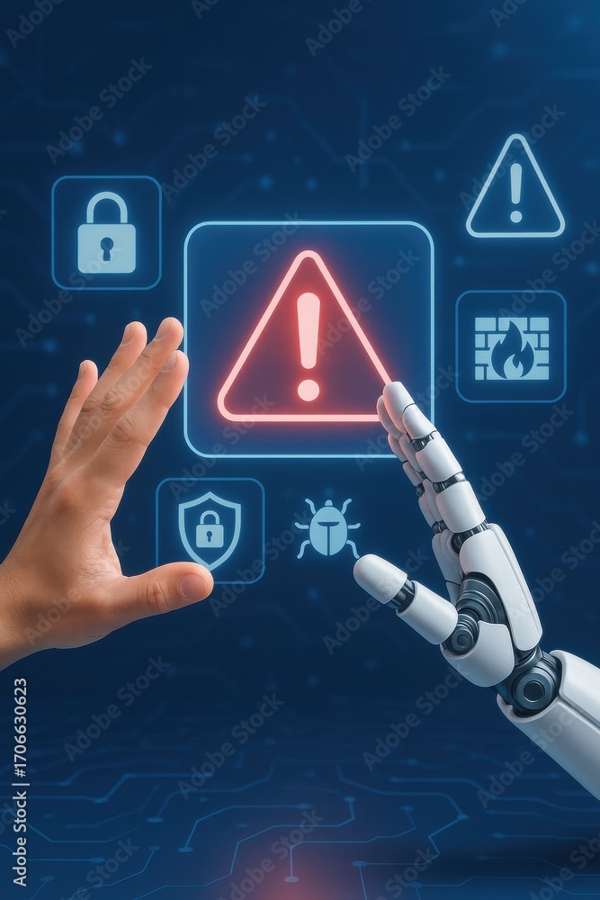Poster human hand interacting with ai robot hand and warning symbols in digital environment