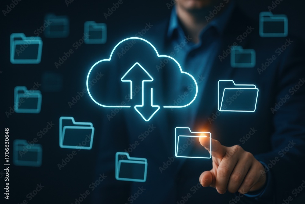 Poster digital cloud technology concept with file upload and download symbol for modern business solutions