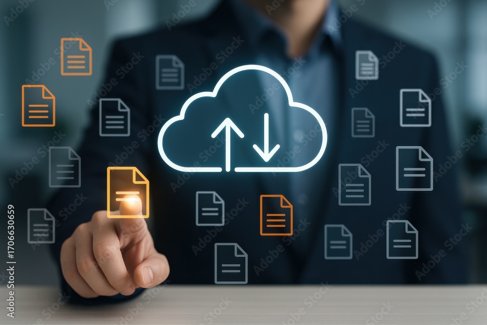 Aufkleber person engaging with cloud technology and data management concepts in modern workspace setting