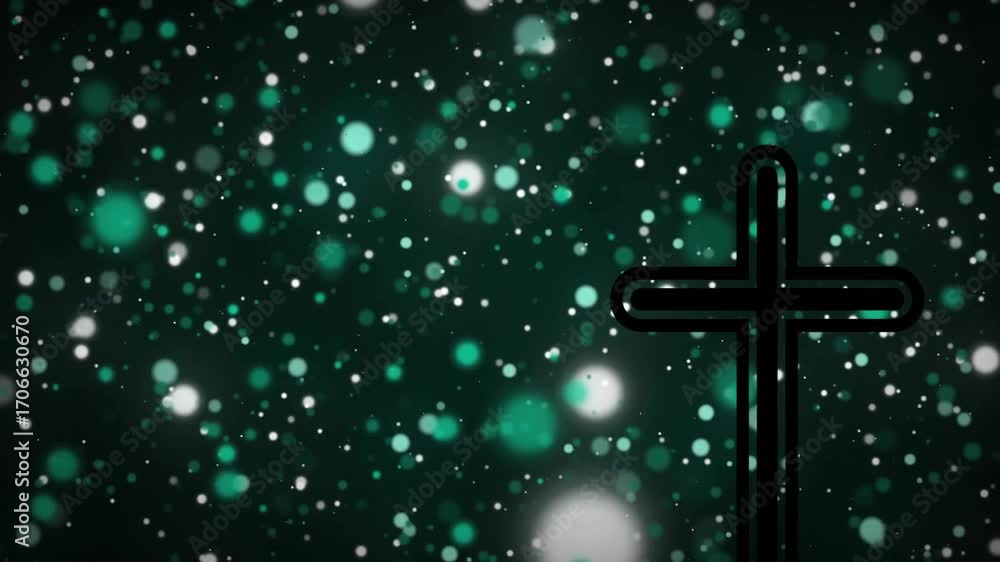 Poster rising green-white orbs drifting pulsing fading around black-outlined cross creating calm backdrop