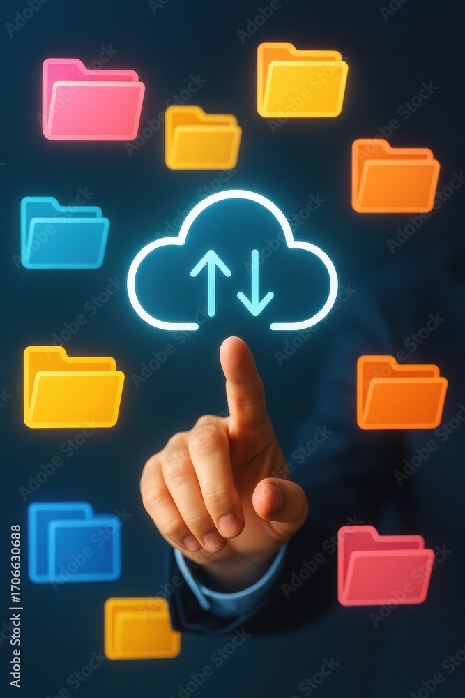 Poster smart cloud data management with colorful file folders and hand touching cloud symbol