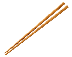 A pair of light brown wooden chopsticks, angled diagonally