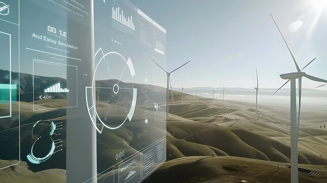 Digital interface overlay on wind farm in desert landscape