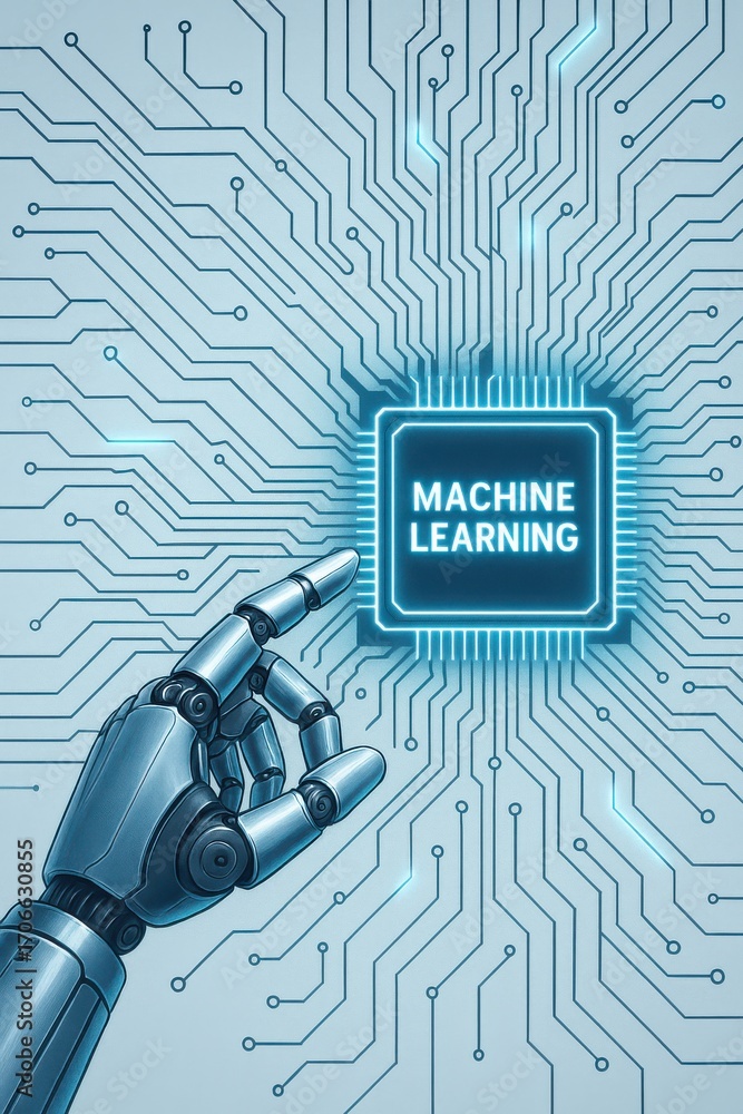 Poster robotic hand touching circuit board with words machine learning and digital connections