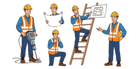 Illustrations of a construction worker in various poses showing project plans, using tools, and climbing a ladder, perfect for safety or building projects