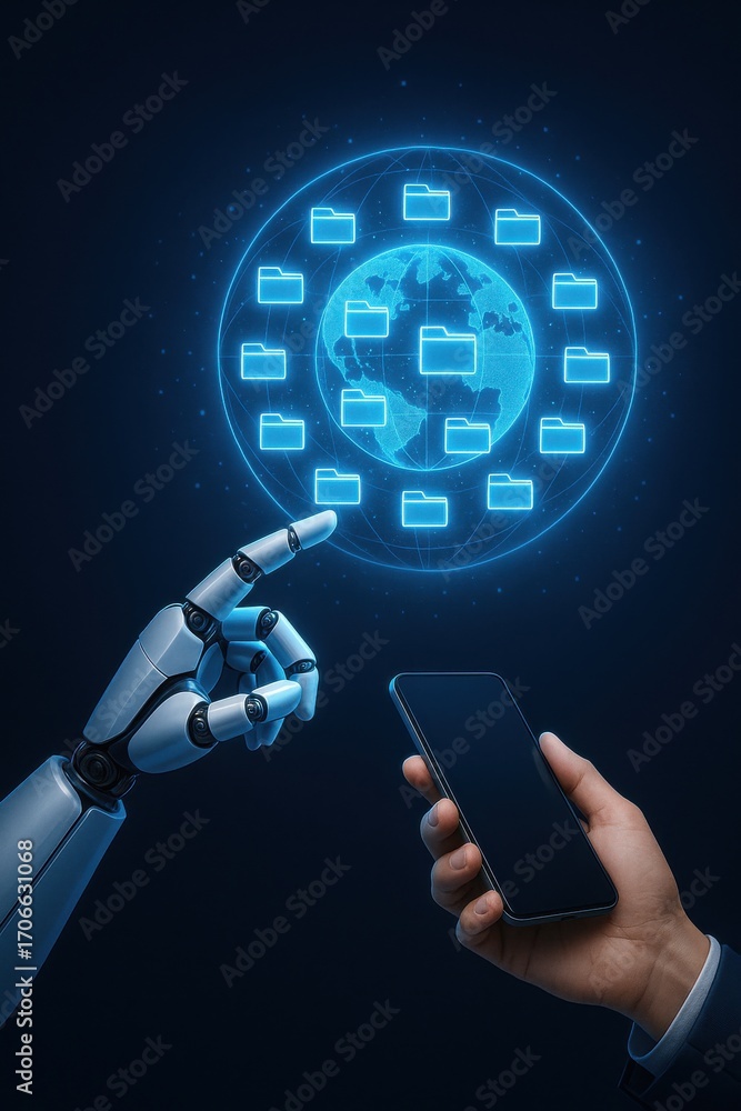 Poster futuristic robot hand interacting with digital globe and smartphone in technology concept