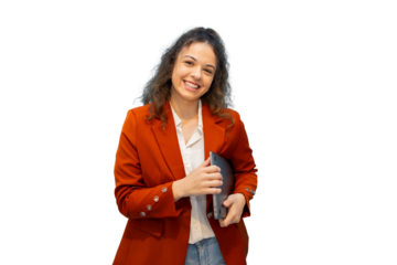 Smiling professional woman holding laptop, standing confidently against transparent backdrop, ready for seamless graphic design incorporation