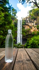 Water bottle on wooden deck, waterfall background