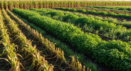 Medium shot of a sustainable farm field transitioning from corn to cover crops showcasing strategies to improve soil structure and moisture retention.