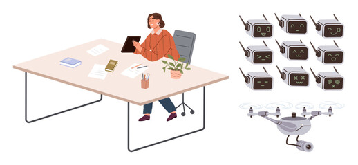 Woman sitting at desk using tablet, surrounded by papers, books, and a plant. Nearby, AI faces and quadcopter suggest robotics, AI interactions, automation or modern tech. Ideal for technology AI