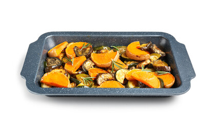 Baking dish with tasty baked pumpkin, eggplant and zucchini isolated on white background