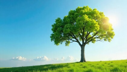 Fototapeta premium Serene Solitude A Lone Tree Silhouetted Against a Vast, Sunlit Sky, Evoking Peace and Tranquility in Nature