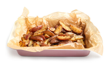 Baking dish with tasty baked potatoes isolated on white background