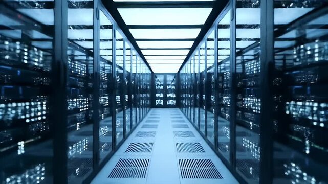 Modern Data Center Interior, Server Racks, Technology.