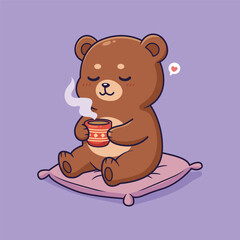 Cute cartoon bear enjoying a warm drink on a pillow feeling cozy and content vector illustration