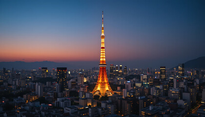 Obraz premium Tokyo Skytree illuminated at twilight, overlooking a sprawling cityscape.