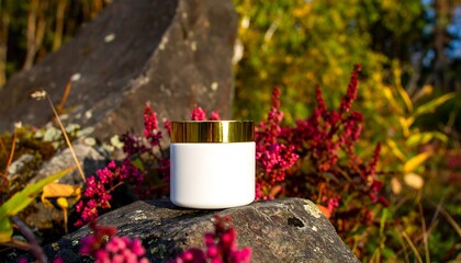 White jar on rocks, autumnal background