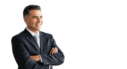 Smiling confident latin hispanic mature business man standing crossed arms isolated on white background. Older senior businessman professional ceo, coach, leader looking aside. Banner, copy space