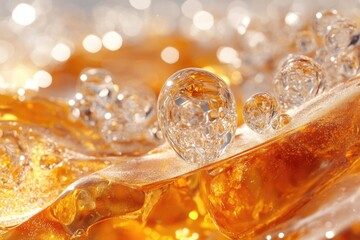 Close-up of amber liquid with many transparent bubbles, creating a sparkling effect.