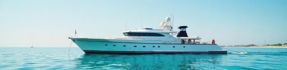 Fototapeta premium A sturdy anchorage boat bobs gently on calm, clear water, its hull reflecting the sunlight Ready for deployment, it awaits its next mission securing vessels in the harbor , nautical, harbor