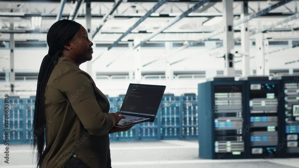 Poster data center worker using laptop to manage software updates for system stability. african american wo
