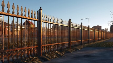 Obraz premium Weathered wrought iron fence casting shadows in a residential neighborhood during golden hour